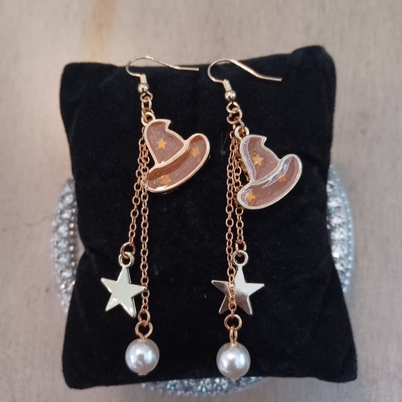 Pink Witch Hat Chains Stars Pearls Dangle Drop Earrings - Picture 5 of 5